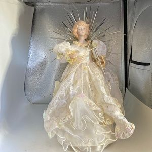 Lighted Angel full of lace and sparkle 13” tall on a white base